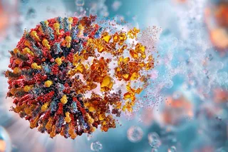 Illustration of a colorful virus particle breaking apart, representing an AI-designed universal vaccine targeting rapidly mutating virus variants.