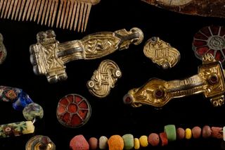 Array of golden and colorful artifacts from Hungary cemetery 