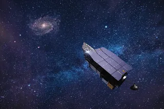 Illustration of the Nancy Grace Roman Space Telescope drifting in space and looking at a galaxy