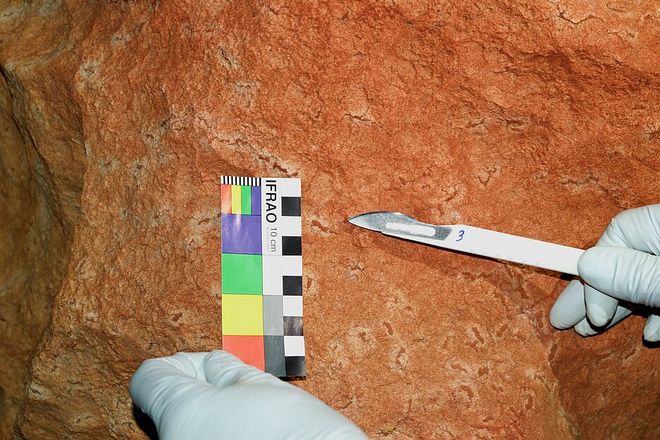 Gloved hands pointing out cave pigment 