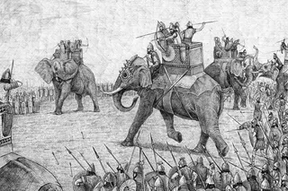 Illustration of Hannibal forces fighting with the assistance of elephants 