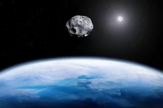 Asteroid above earth with sun in the background 