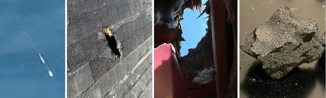 collection of images of the meteorite and damage it did to the roof it fell through 
