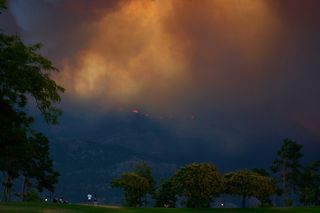 A wildfire burns across a forested hillside beneath a towering orange-brown cloud of smoke.