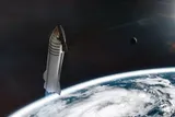 Illustration of a heavy starship in low-Earth orbit