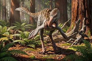 Dinevenator robustus, a small dinosaur predator eating a muskrat