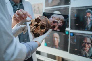 Neanderthal babies. Two experts reviewing an ancient skull