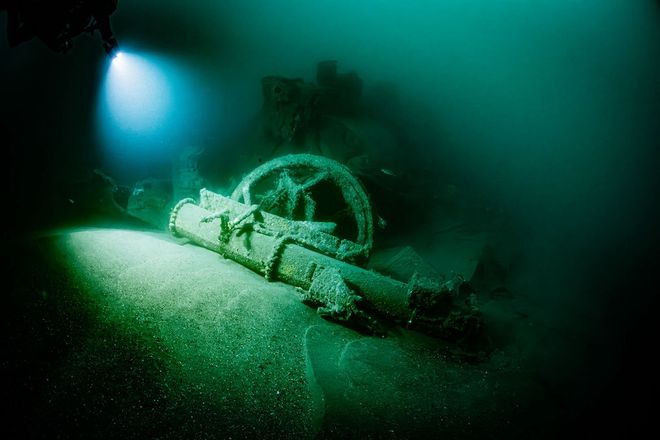 Single Whitehead torpedo tube located on the bow section of the wreck of HMS Tiger