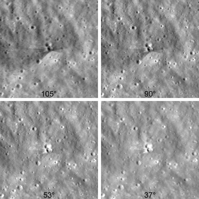 Images showing the light- and dark-colored rays stretching from the new crater.