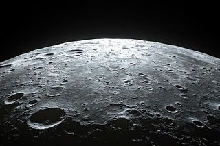 View of the moon in space, referencing microbes that could survive on lunar surface