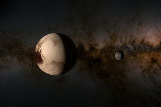 Artist’s illustration of Pluto and its largest moon, Charon, against a star-filled background.