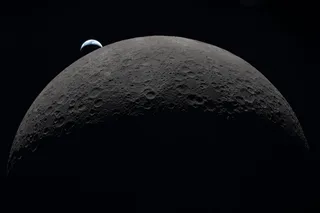 View of the moon from space, with Earth in the background, from the Artemis II mission