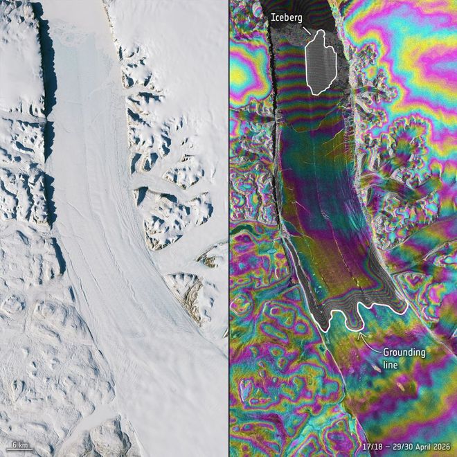 colorful view of ice chunk breaking away from Greenland glacier colorful view of ice chunk breaking away from Greenland glacier