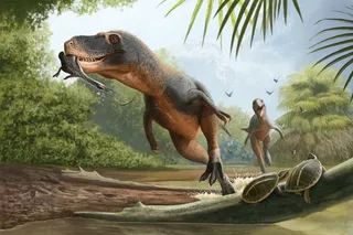 T. rex eating a bird in a river 