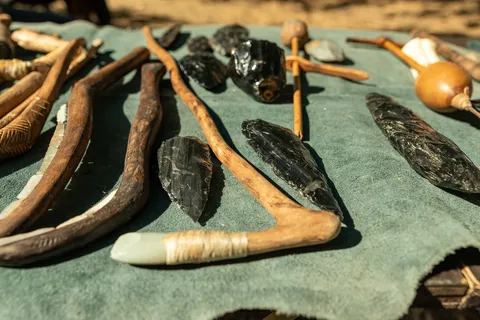 assorted ancient tools such as sticks and spear heads 