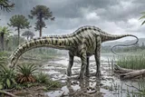 An illustration of the Diplodocus in a rainy swamp