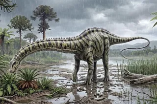 An illustration of the Diplodocus in a rainy swamp