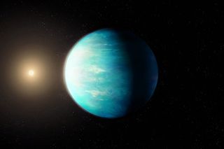 greenish-blue exoplanet near its star 