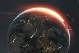 Illustration of satellites and scattered space debris orbiting Earth, with sunlight glowing along the planet’s edge.