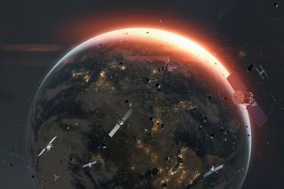 Illustration of satellites and scattered space debris orbiting Earth, with sunlight glowing along the planet’s edge.