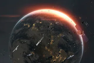 Illustration of satellites and scattered space debris orbiting Earth, with sunlight glowing along the planet’s edge.
