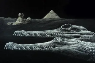 Reconstruction of the extinct Egyptian crocodile Herugavialis cairensis with the Great Sphinx.