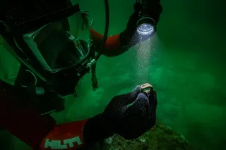 diver holding a bronze ring underwater