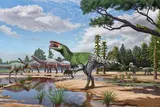 Illustration of Invictibellatrix amberina eating small mammals.