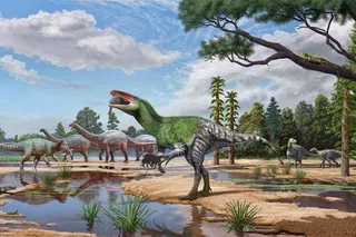 Illustration of Invictibellatrix amberina eating small mammals.