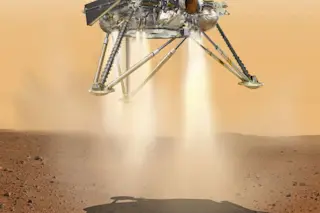 a lander hovering above the surface of Mars