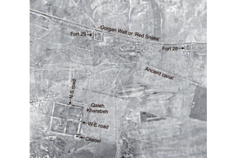 An aerial image of the Gorgan Wall showing the canal and two fortresses. (Credit: U.S. Geological Survey)