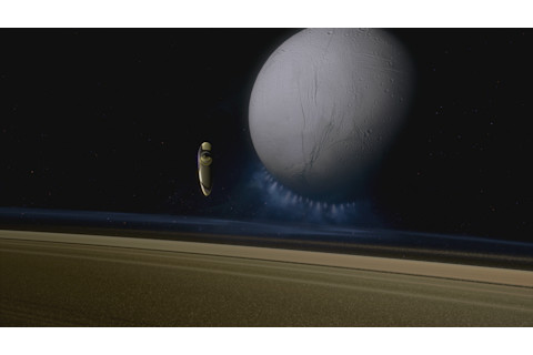 The Spaceship of the Imagination visits Saturn's moon Enceladus, which has an ice-covered ocean. A real space probe could start heading there in just a few years, if only someone were willing to fund it. (Credit: Cosmos Studios)