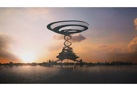 The Tree of Life—an imagined sculpture made from excess carbon extracted from the atmosphere—graces the 2039 World's Fair in this scene from Cosmos: Possible Worlds. (Credit: Cosmos Studios)