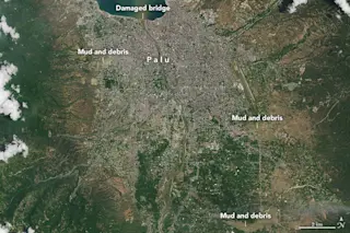 Landsat 8 image showing the damage to Palu from the M7.5 earthquake and tsunami. NASA Earth Observatory.