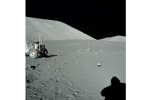Astronauts setting out the explosive charges for the Apollo 17 lunar seismic profiling experiment in late 1972. NASA