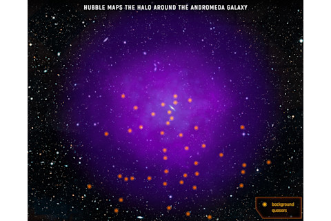 Using the light from 43 distant quasars, astronomers were able to map the enormous halo that surrounds the Andromeda Galaxy, and other galaxies like it all across the cosmos. (Credit: NASA/ESA/E. Wheatley)