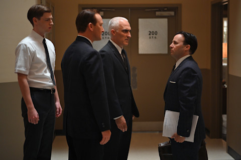A tense moment with NASA flight operations director Chris Kraft (played by Eric Ladin, center left) and his mentor, Bob Gilruth (played by Patrick Fischler, center right) in episode 2 of