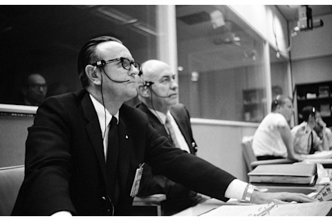 The real Chris Kraft (left) and Bob Gilruth in NASA's Mission Control Center during the Apollo 5 test flight in 1968. (Credit: NASA)