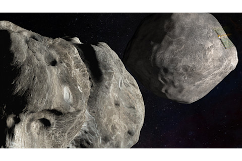 In the fall of 2022, the DART spacecraft will execute a high-speed collision with 160-meter-wide asteroid Dimorphos, seen here orbiting its larger companion, Didymos. (Credit: NASA/Johns Hopkins APL)