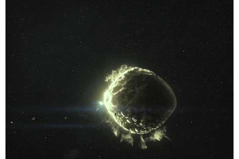 A rubble-pile asteroid, inspired by the actual structure of Bennu, begins to feel the heat of a nuclear blast in Asteroid Hunters. (Credit: IMAX/Huahuang Pictures)