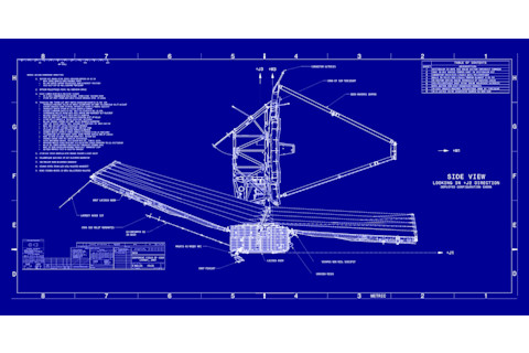 Blueprints of the James Webb Space Telescope capture some of the vast complexity and power of the enormous observatory. (Credit: NASA)
