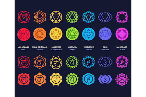 Chakra symbols set on dark background. Different styles, modern simple geometric icons and traditional sanskrit signs